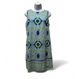 London Times Sleeveless Dress Size 14 Blue Green Geometric Print Shift